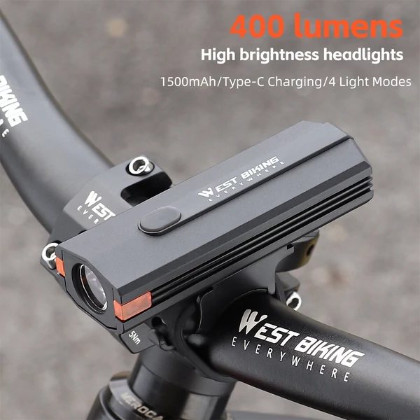 WEST BIKING 400 Lumen USB újratölthető kerékpáros lámpa vízálló több üzemmódban - Fekete