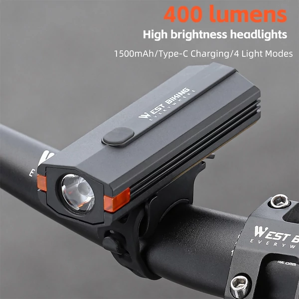 WEST BIKING 400 Lumen USB újratölthető kerékpáros lámpa vízálló több üzemmódban - Fekete