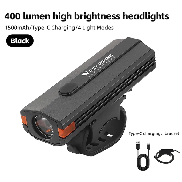 WEST BIKING 400 Lumen USB újratölthető kerékpáros lámpa vízálló több üzemmódban - Fekete