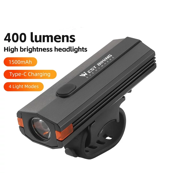 WEST BIKING 400 Lumen USB újratölthető kerékpáros lámpa vízálló több üzemmódban - Fekete