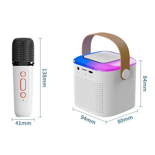 Hordozható karaoke gép vezeték nélküli mikrofonnal BT RGB fényekkel Karaoke hangszóró TF kártya támogatással, C típusú fejhallgató Auxin monitorozással - Fehér, 2 mikrofonnal