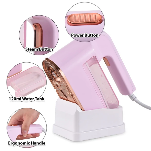 Gőzölő vasaló ruhákhoz többcélú 1200 W 120 ml kapacitású hordozható ránctalanító tisztító gőzölő ruhaszövetekhez - Pink