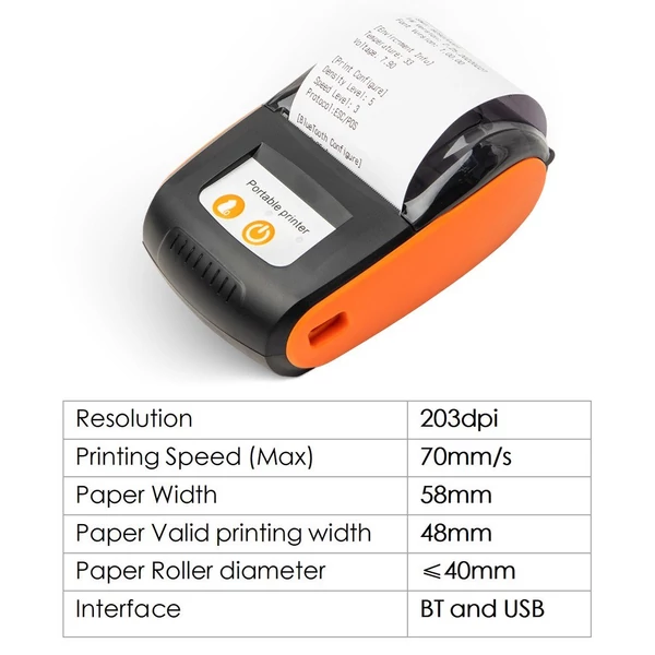 Hordozható BT/USB nyugtanyomtató 58 mm-es mini vezeték nélküli 2 hüvelykes hőpapírtekerccsel