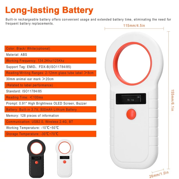 Kisállat RFID mikrochip olvasó kézi szkenner 2.4G/BT vezeték nélküli OLED kijelzővel támogatja az EMID FDX-B(ISO11784/85) 128 adattárolást - Fehér