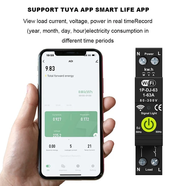 Tuya WiFi intelligens áramköri megszakító BE KI Időzítés Fotovoltaikus kétirányú mérő Energiamérő Automatikus visszazárás védő méréssel és előre fizetett funkcióval