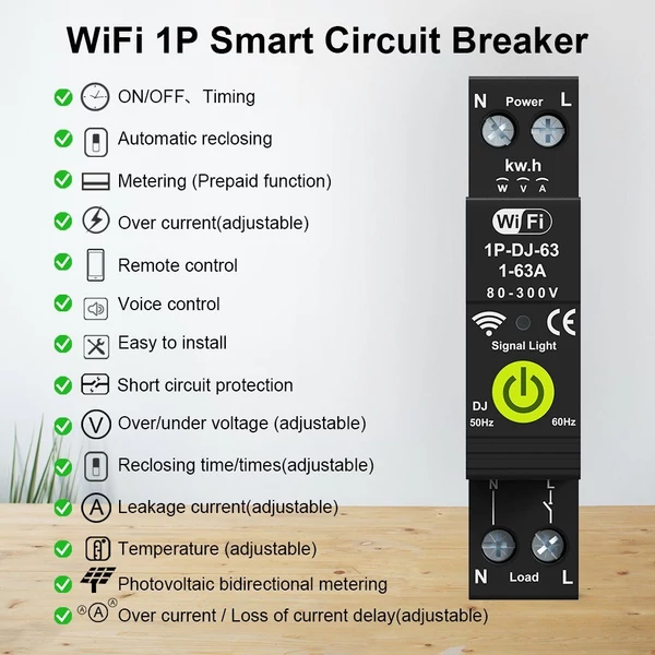 Tuya WiFi intelligens áramköri megszakító BE KI Időzítés Fotovoltaikus kétirányú mérő Energiamérő Automatikus visszazárás védő méréssel és előre fizetett funkcióval