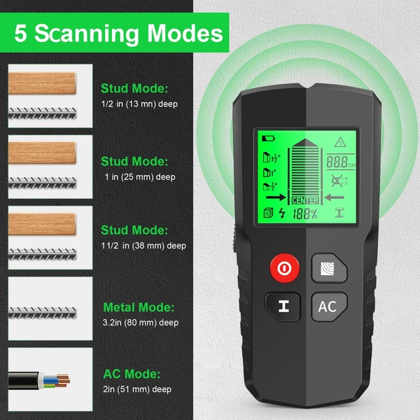 Stud Finder falszkenner 5 az 1-ben elektronikus csapérzékelő HD LCD kijelzővel, fa és váltóáram észlelésére