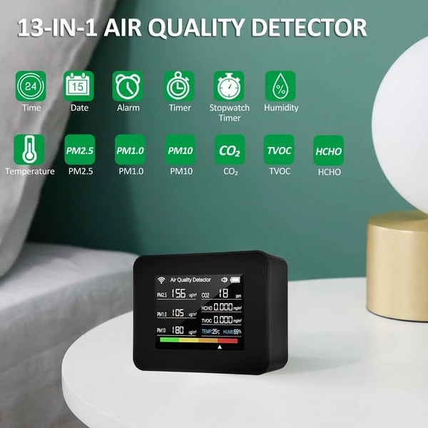 Tuya WiFi 13 az 1-ben beltéri levegőminőség-monitor érzékeli a CO₂ TVOC HCHO PM2.5 PM1.0 PM10 páratartalmat és hőmérsékletet, időt, dátumot, riasztást, időzítőt és stopperóra riasztással - Fekete