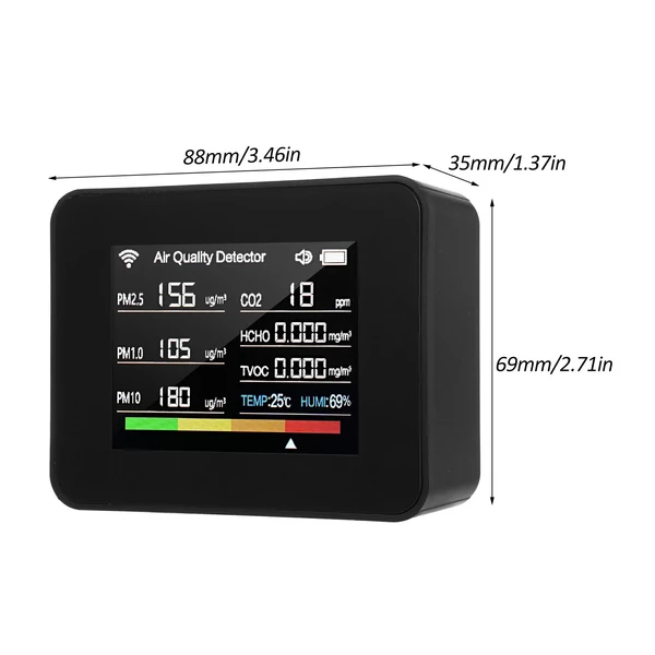 Tuya WiFi 13 az 1-ben beltéri levegőminőség-monitor érzékeli a CO₂ TVOC HCHO PM2.5 PM1.0 PM10 páratartalmat és hőmérsékletet, időt, dátumot, riasztást, időzítőt és stopperóra riasztással - Fekete