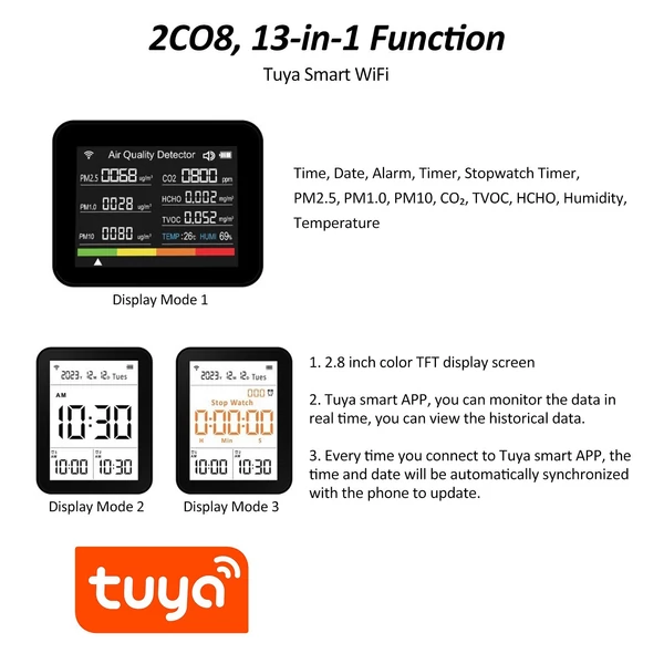 Tuya WiFi 13 az 1-ben beltéri levegőminőség-monitor érzékeli a CO₂ TVOC HCHO PM2.5 PM1.0 PM10 páratartalmat és hőmérsékletet, időt, dátumot, riasztást, időzítőt és stopperóra riasztással - Fekete