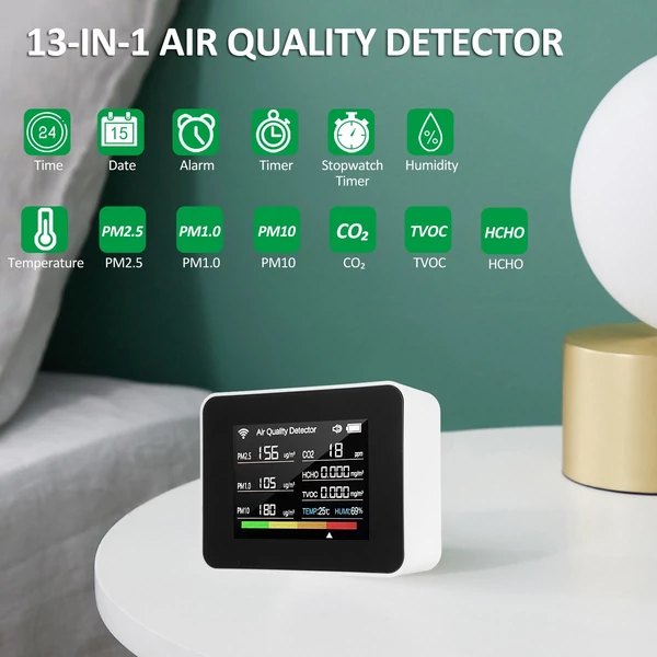 Tuya WiFi 13 az 1-ben beltéri levegőminőség-monitor érzékeli a CO₂ TVOC HCHO PM2.5 PM1.0 PM10 páratartalmat és hőmérsékletet, időt, dátumot, riasztást, időzítőt és stopperóra riasztással - Fehér