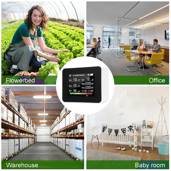 Tuya WiFi 13 az 1-ben beltéri levegőminőség-monitor érzékeli a CO₂ TVOC HCHO PM2.5 PM1.0 PM10 páratartalmat és hőmérsékletet, időt, dátumot, riasztást, időzítőt és stopperóra riasztással - Fehér