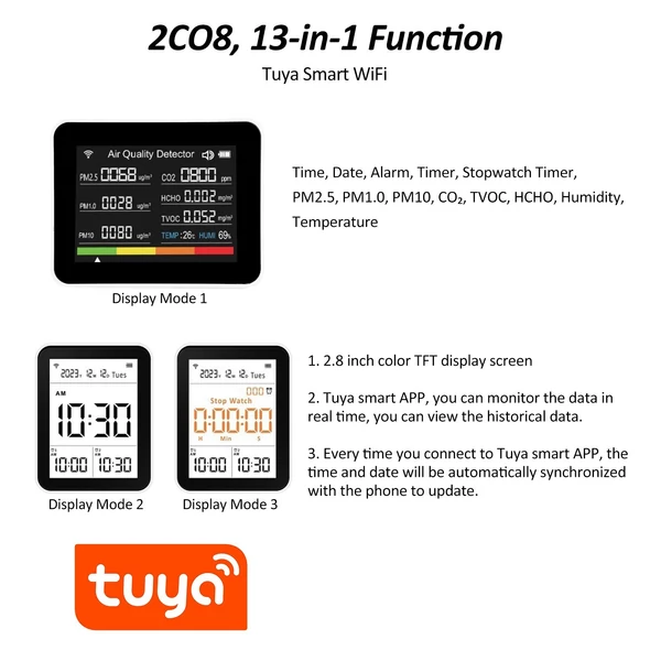 Tuya WiFi 13 az 1-ben beltéri levegőminőség-monitor érzékeli a CO₂ TVOC HCHO PM2.5 PM1.0 PM10 páratartalmat és hőmérsékletet, időt, dátumot, riasztást, időzítőt és stopperóra riasztással - Fehér