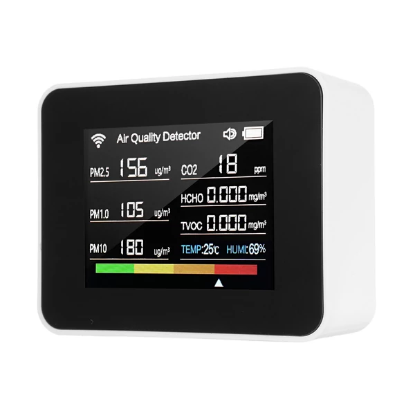 Tuya WiFi 13 az 1-ben beltéri levegőminőség-monitor érzékeli a CO₂ TVOC HCHO PM2.5 PM1.0 PM10 páratartalmat és hőmérsékletet, időt, dátumot, riasztást, időzítőt és stopperóra riasztással - Fehér