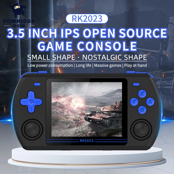 Powkiddy RK2023 hordozható kézi játékkonzol HD videó kimenet 3,5 hüvelykes IPS képernyő fejhallgató csatlakozóval 16 GB rendszerkártya és 128 GB játéktároló kártya - Fekete