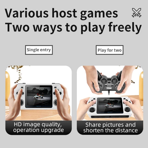 Powkiddy RK2023 hordozható kézi játékkonzol HD videó kimenet 3,5 hüvelykes IPS képernyő fejhallgató csatlakozóval 16 GB rendszerkártya és 128 GB játéktároló kártya - Fekete