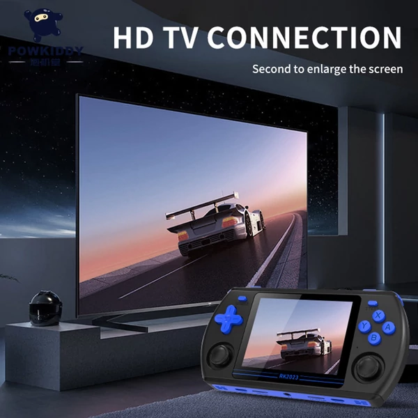 Powkiddy RK2023 hordozható kézi játékkonzol HD videó kimenet 3,5 hüvelykes IPS képernyő fejhallgató csatlakozóval 16 GB rendszerkártya és 128 GB játéktároló kártya - Fekete