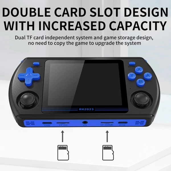 Powkiddy RK2023 hordozható kézi játékkonzol HD videó kimenet 3,5 hüvelykes IPS képernyő fejhallgató csatlakozóval 16 GB rendszerkártya és 128 GB játéktároló kártya - Fekete