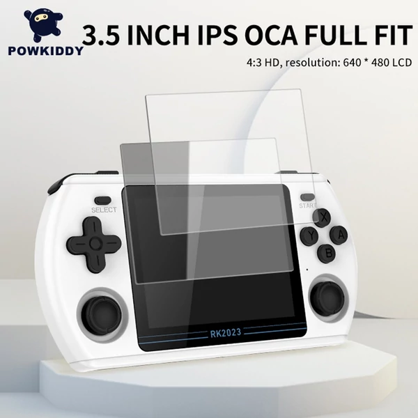 Powkiddy RK2023 hordozható kézi játékkonzol HD videó kimenet 3,5 hüvelykes IPS képernyő fejhallgató csatlakozóval 16 GB rendszerkártya és 128 GB játéktároló kártya - Fekete