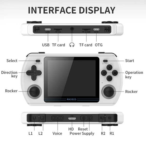 Powkiddy RK2023 hordozható kézi játékkonzol HD videó kimenet 3,5 hüvelykes IPS képernyő fejhallgató csatlakozóval 16 GB rendszerkártya és 128 GB játéktároló kártya - Fekete