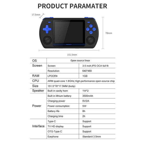 Powkiddy RK2023 hordozható kézi játékkonzol HD videó kimenet 3,5 hüvelykes IPS képernyő fejhallgató csatlakozóval 16 GB rendszerkártya és 128 GB játéktároló kártya - Fehér
