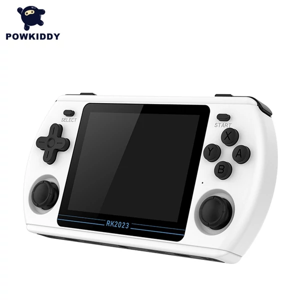 Powkiddy RK2023 hordozható kézi játékkonzol HD videó kimenet 3,5 hüvelykes IPS képernyő fejhallgató csatlakozóval 16 GB rendszerkártya és 256 GB játéktároló kártya - Fehér