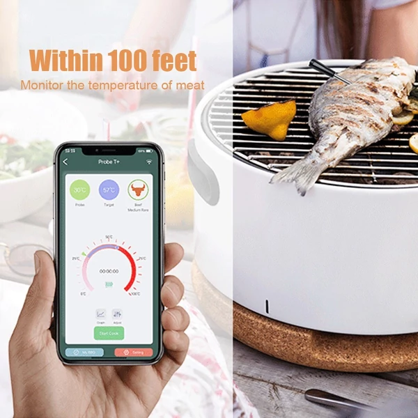 Intelligens vezeték nélküli hús- és ételhőmérő 5-10 perces gyorstöltés IPX7 vízálló APP vezérlés főzéshez / grillezéshez / füstöléshez - Kávé barna