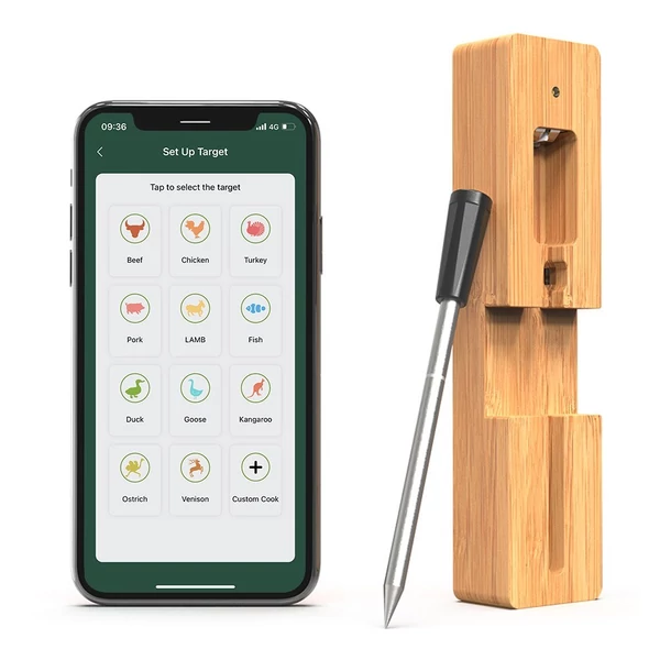 Intelligens vezeték nélküli hús- és ételhőmérő 5-10 perces gyorstöltés IPX7 vízálló APP vezérlés főzéshez / grillezéshez / füstöléshez - Kávé barna