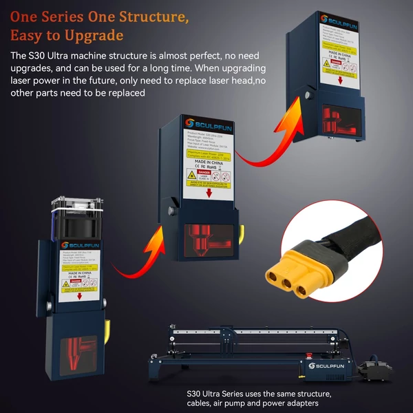 SCULPFUN S30 Ultra 33W lézergravírozó 400x400 mm-es méhsejt táblával és automatikus légrásegítéssel