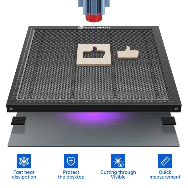 SCULPFUN S30 Ultra 22W lézergravírozó CAM500 kamerával és 400x400 mm-es méhsejt munkaasztallal és automatikus légrásegítővel