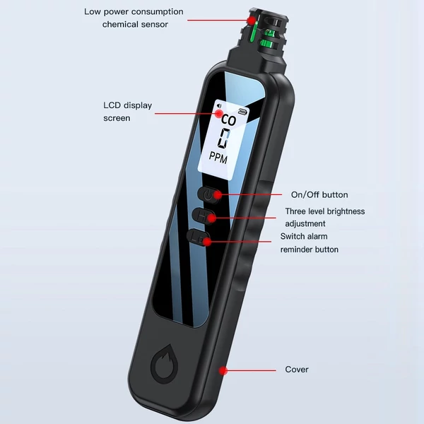 Hordozható elektrokémiai érzékelő, 1,1 hüvelykes LCD-képernyős szén-monoxid-érzékelő hangjelzéssel és lemerült akkumulátor-emlékeztető funkcióval - Fehér
