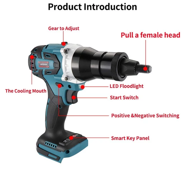 Erőteljes elektromos szegecselő szerszám szegecsfejekkel - Készlet C