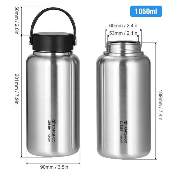 TOMSHOO 1050 ml-es rozsdamentes acél szivárgásmentes sportpalack szabadtéri kempingezéshez túrázáshoz, hátizsákkal, kerékpározáshoz, fitneszhez