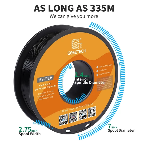 GEEETECH nagy sebességű PLA 3D nyomtatószál, 1,75 mm, nagy folyékonyságú, gyorsan kötő 1 kg, pontosság +/-0,03 mm, szabvány (1 tekercs) - Fekete