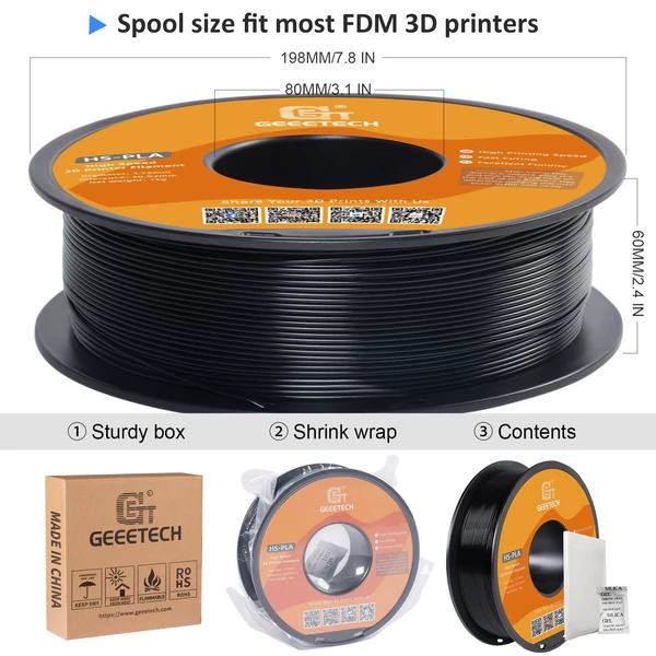 GEEETECH nagy sebességű PLA 3D nyomtatószál, 1,75 mm, nagy folyékonyságú, gyorsan kötő 1 kg, pontosság +/-0,03 mm, szabvány (1 tekercs) - Fekete