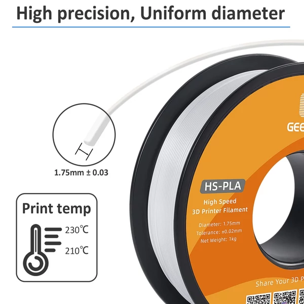 GEEETECH nagy sebességű PLA 3D nyomtatószál, 1,75 mm, nagy folyékonyságú, gyorsan kötő 1 kg, pontosság +/-0,03 mm, szabvány (1 tekercs) - Fehér