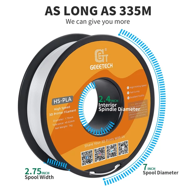 GEEETECH nagy sebességű PLA 3D nyomtatószál, 1,75 mm, nagy folyékonyságú, gyorsan kötő 1 kg, pontosság +/-0,03 mm, szabvány (1 tekercs) - Fehér