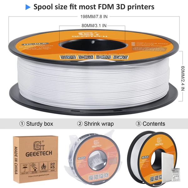 GEEETECH nagy sebességű PLA 3D nyomtatószál, 1,75 mm, nagy folyékonyságú, gyorsan kötő 1 kg, pontosság +/-0,03 mm, szabvány (1 tekercs) - Fehér