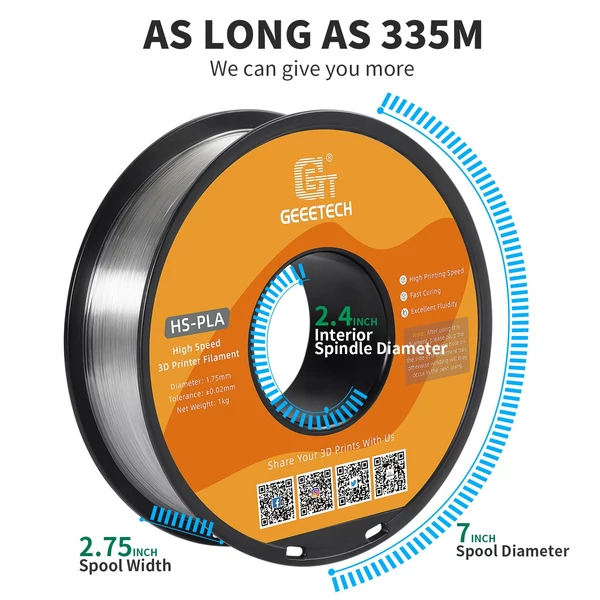 GEEETECH nagy sebességű PLA 3D nyomtatószál, 1,75 mm, nagy folyékonyságú, gyorsan kötő 1 kg, pontosság +/-0,03 mm, szabvány (1 tekercs) - Átlátszó