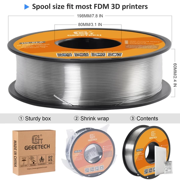 GEEETECH nagy sebességű PLA 3D nyomtatószál, 1,75 mm, nagy folyékonyságú, gyorsan kötő 1 kg, pontosság +/-0,03 mm, szabvány (1 tekercs) - Átlátszó