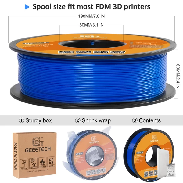 GEEETECH nagy sebességű PLA 3D nyomtatószál, 1,75 mm, nagy folyékonyságú, gyorsan kötő 1 kg, pontosság +/-0,03 mm, szabvány (1 tekercs) - Kék