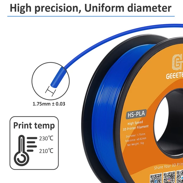 GEEETECH nagy sebességű PLA 3D nyomtatószál, 1,75 mm, nagy folyékonyságú, gyorsan kötő 1 kg, pontosság +/-0,03 mm, szabvány (1 tekercs) - Kék