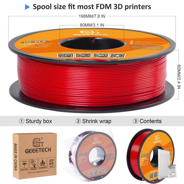 GEEETECH nagy sebességű PLA 3D nyomtatószál, 1,75 mm, nagy folyékonyságú, gyorsan kötő 1 kg, pontosság +/-0,03 mm, szabvány (1 tekercs) - Piros