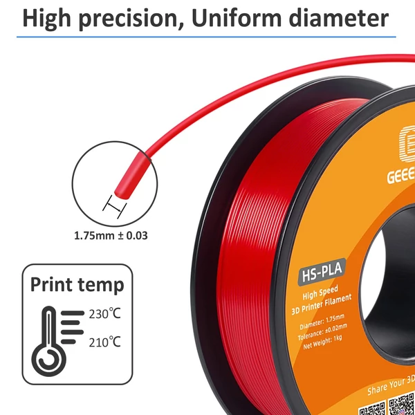 GEEETECH nagy sebességű PLA 3D nyomtatószál, 1,75 mm, nagy folyékonyságú, gyorsan kötő 1 kg, pontosság +/-0,03 mm, szabvány (1 tekercs) - Piros