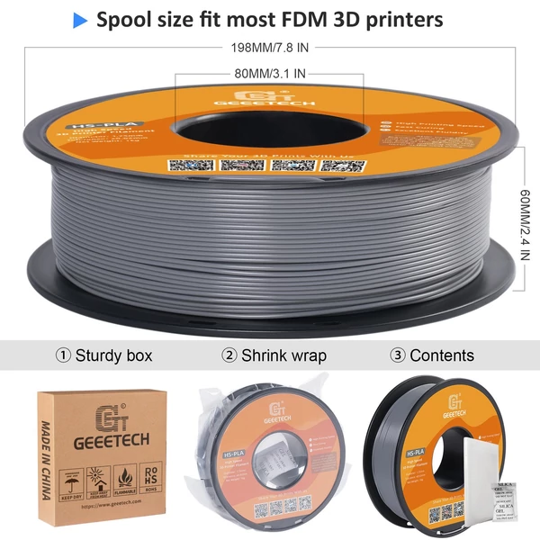 GEEETECH nagy sebességű PLA 3D nyomtatószál, 1,75 mm, nagy folyékonyságú, gyorsan kötő 1 kg, pontosság +/-0,03 mm, szabvány (1 tekercs) - Szürke