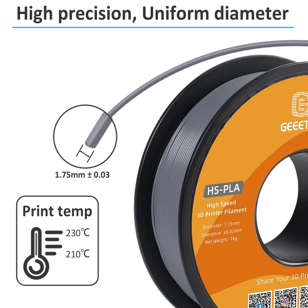 GEEETECH nagy sebességű PLA 3D nyomtatószál, 1,75 mm, nagy folyékonyságú, gyorsan kötő 1 kg, pontosság +/-0,03 mm, szabvány (1 tekercs) - Szürke