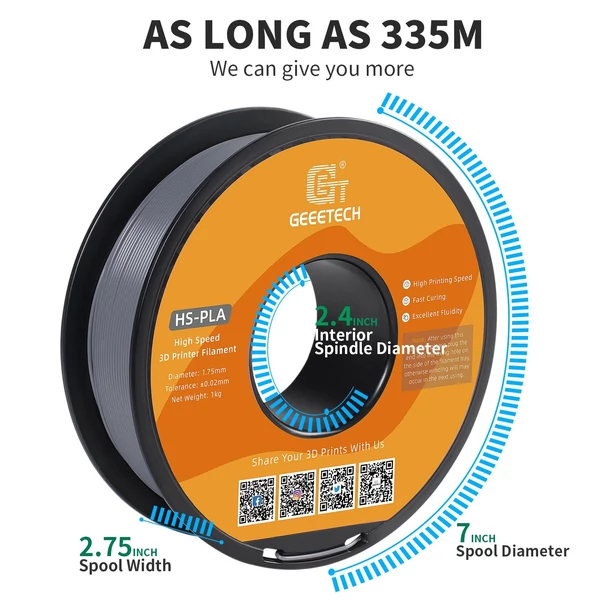 GEEETECH nagy sebességű PLA 3D nyomtatószál, 1,75 mm, nagy folyékonyságú, gyorsan kötő 1 kg, pontosság +/-0,03 mm, szabvány (1 tekercs) - Szürke