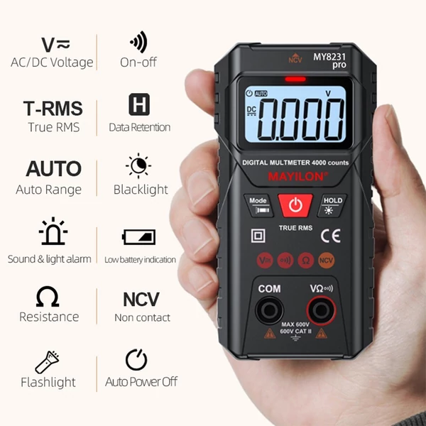 MAYILON digitális multiméter teszter NCV érintésmentes AC/DC feszültségérzékeléssel, ellenállásmérés, TRMS 4000 számlálók automatikus/kézi mérési mód Háttérvilágítású LCD kijelző adattartás funkció, be-ki
