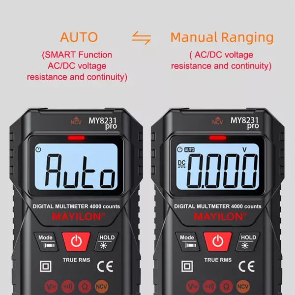 MAYILON digitális multiméter teszter NCV érintésmentes AC/DC feszültségérzékeléssel, ellenállásmérés, TRMS 4000 számlálók automatikus/kézi mérési mód Háttérvilágítású LCD kijelző adattartás funkció, be-ki