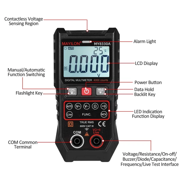 MAYILON digitális multiméter feszültségvizsgáló 4000 TRMS automatikus/kézi tartománymérő AC/DC feszültség, ellenállásmérés be-ki NCV érintésmentes, háttérvilágítású LCD kijelző, adattartás funkció